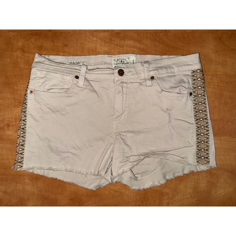 Lucky Brand Malibu Shorts Beige Khaki Embroidered Side Tape Cut Off Denim 10/30